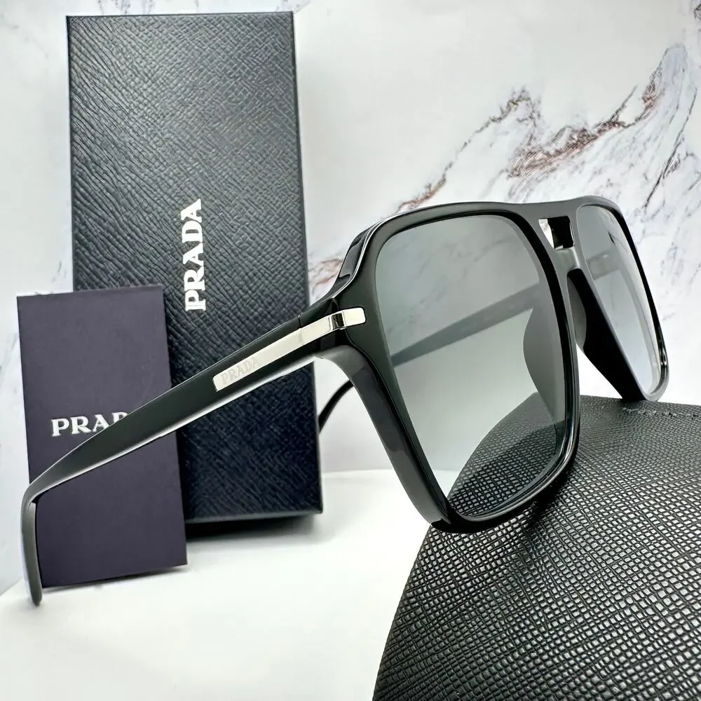 NEW PRADA Sunglasses Black Aviator Pilot 55-17mm Grey Lens Silver Logo